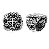 Handcrafted sterling silver Gothic cross ring with Balinese scroll detailing and oxidized finish, bold men’s statement jewelry.
